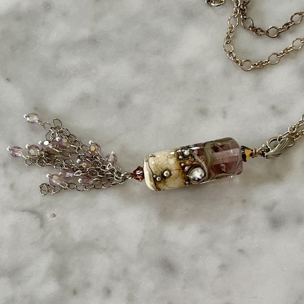 "Whispering Sands" one of a kind sterling silver beachlove necklace with handmade swirling ocean motif glass bead & Swarovski crystal