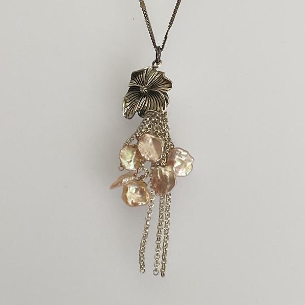 Silver Flower & Pink Keshi Pearl Tassel Pendant on 24" Chain
