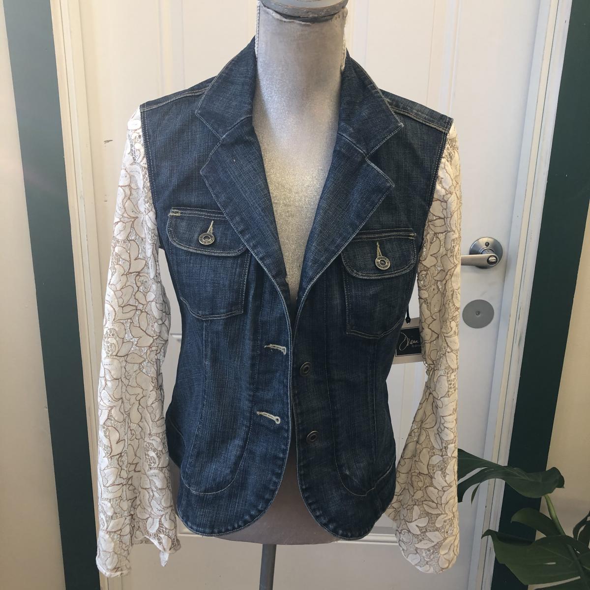 feminine dark denim blazer + floral lace bells picture