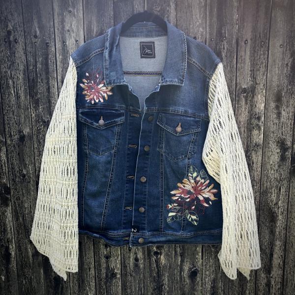 embroidered dark denim + lattice lace bell jacket picture