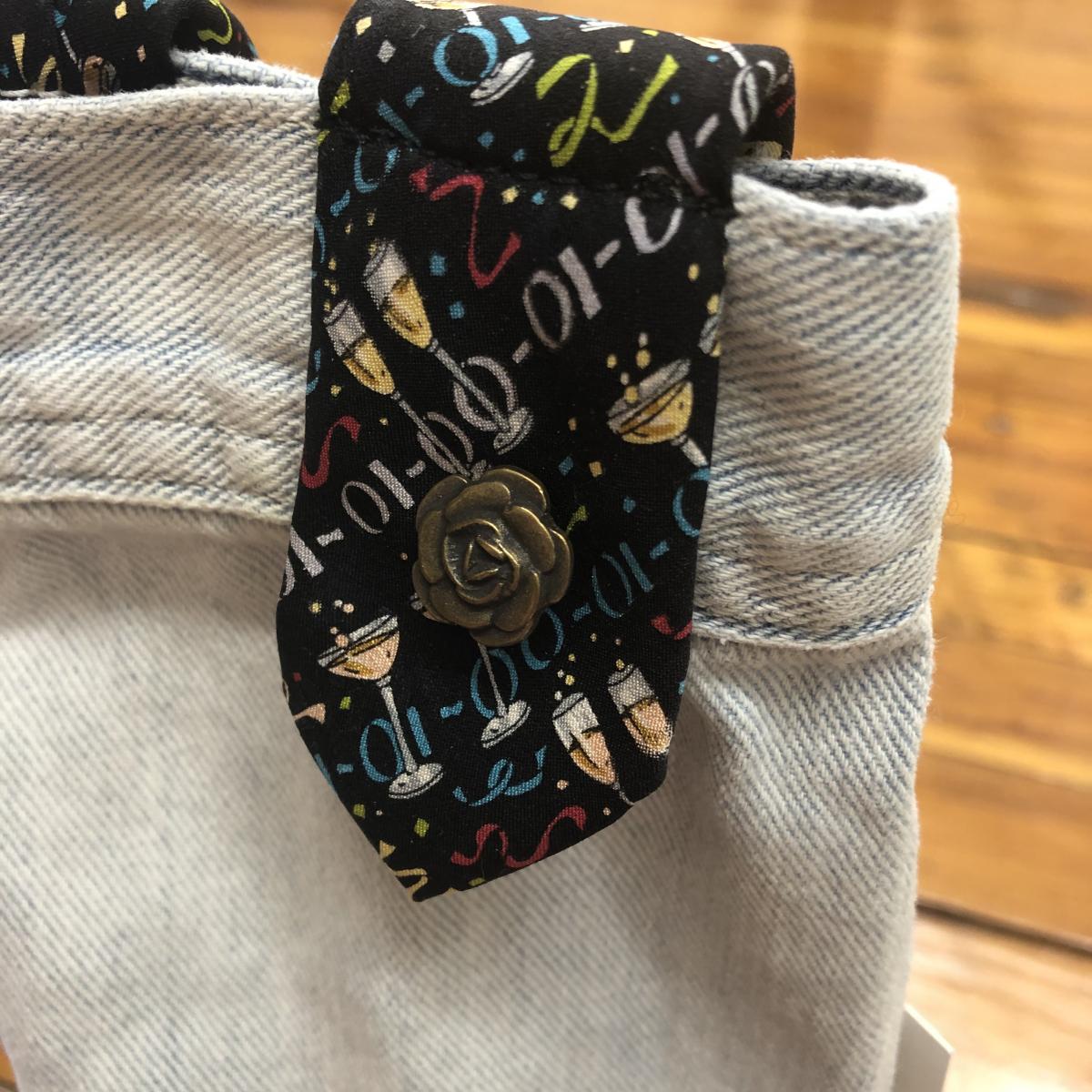 extra distressed blue denim + black celebration tie wine sleeve picture