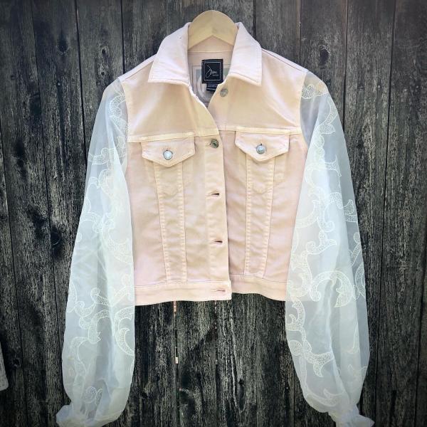 blush denim + billowy sheer sleeved jacket picture