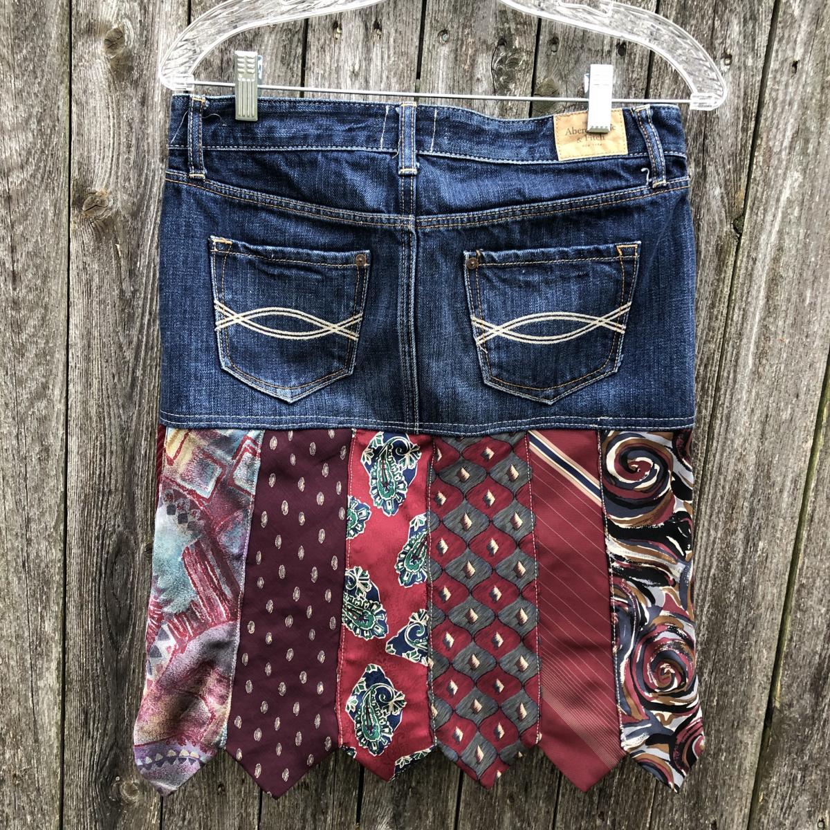 dark blue denim + red multi tie skirt picture