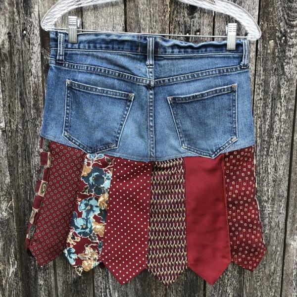 Great Red Tie One On DENIM Skirt, Distressed Denim + Beautiful Tie Skirt picture