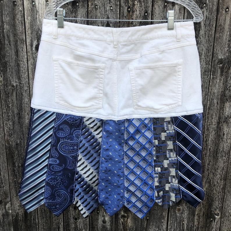 Shades of Blues Tie One On Corduroy Skirt, Distressed Soft White Corduroy + Beautiful Tie Skirt picture