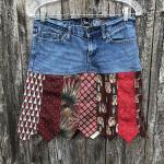 Great Red Tie One On DENIM Skirt, Distressed Denim + Beautiful Tie Skirt