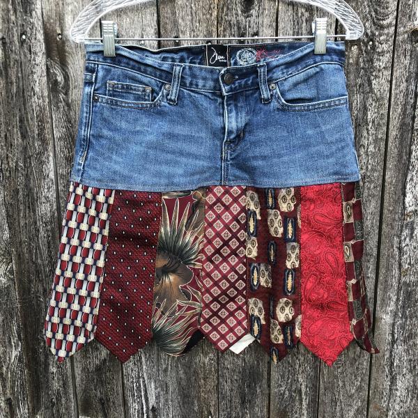 Great Red Tie One On DENIM Skirt, Distressed Denim + Beautiful Tie Skirt picture