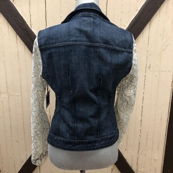 feminine dark denim blazer + floral lace bells picture