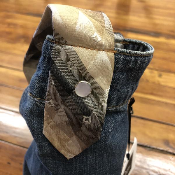 blue denim + tan tie wine sleeve picture