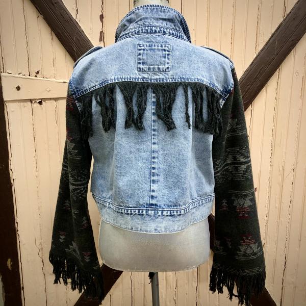 boyfriend cropped distressed denim jacket + navajo fringed blanket bells picture