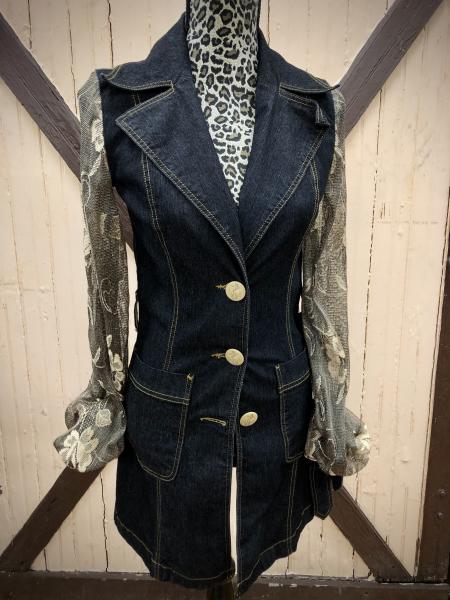 dark denim black + gold lace sleeved tailored trench jacket/dress picture