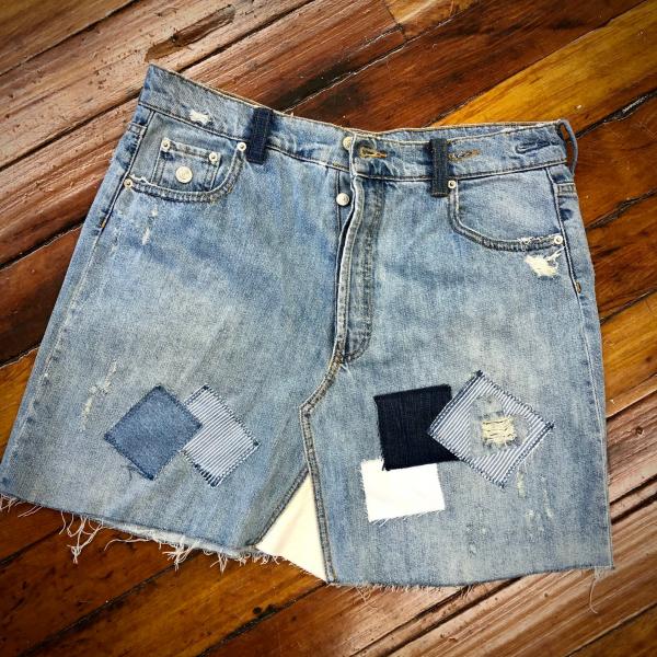 old school distressed patched denim skirt picture