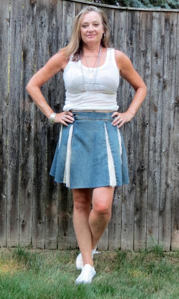distressed stretch denim + ivory lace flare skirt picture