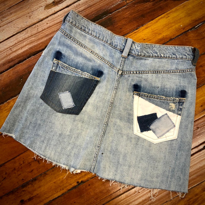 old school distressed patched denim skirt picture
