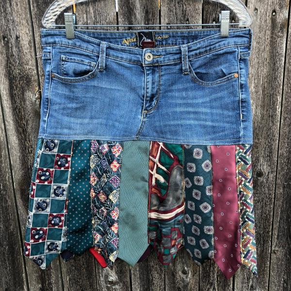 Great Multi Colored Tie One On DENIM Skirt, Distressed Denim + Beautiful Tie Skirt picture