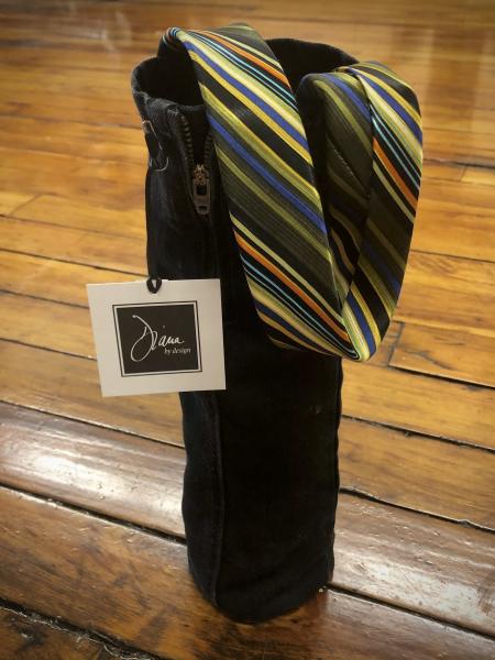black zip denim + bright stripe tie wine sleeve picture