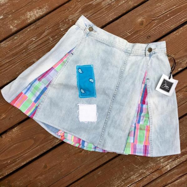 Extra Distressed Light Blue Denim With Colorful Madras Flare Skirt