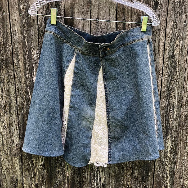 distressed stretch denim + ivory lace flare skirt picture