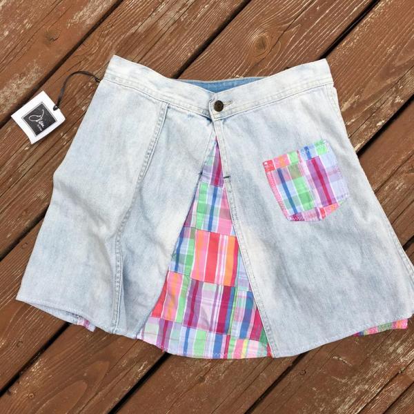 Extra Distressed Light Blue Denim With Colorful Madras Flare Skirt picture