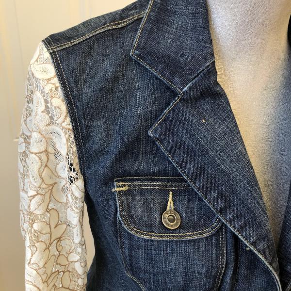 feminine dark denim blazer + floral lace bells picture