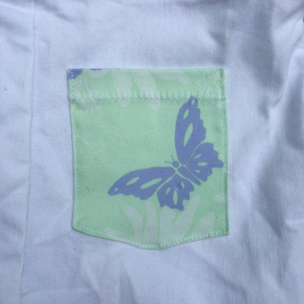 White Stretch Upcycled Denim Skirt with Mint N Lavender Lilly Butterfly Details picture