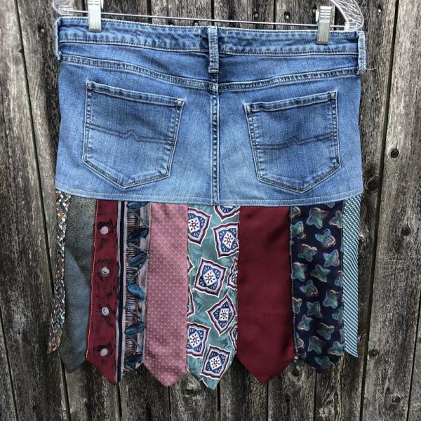 Great Multi Colored Tie One On DENIM Skirt, Distressed Denim + Beautiful Tie Skirt picture