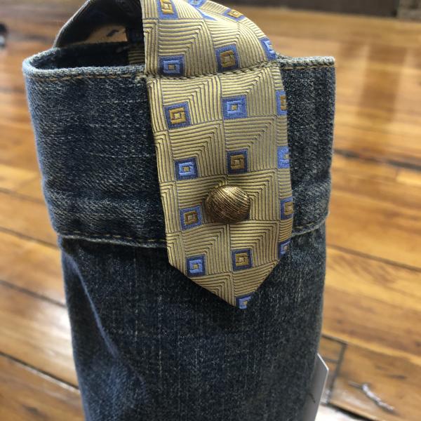 blue denim + gold tie wine sleeve picture