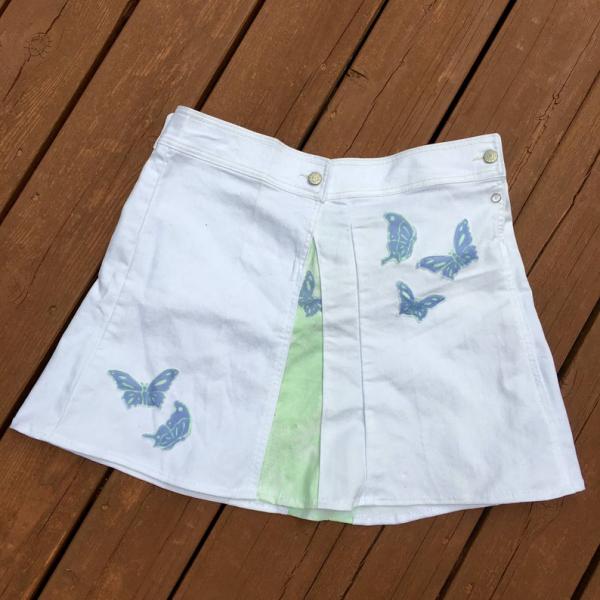 White Stretch Upcycled Denim Skirt with Mint N Lavender Lilly Butterfly Details picture