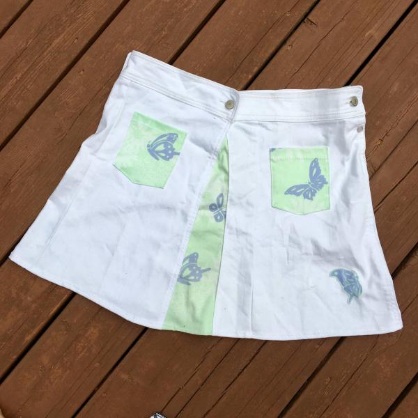 White Stretch Upcycled Denim Skirt with Mint N Lavender Lilly Butterfly Details picture