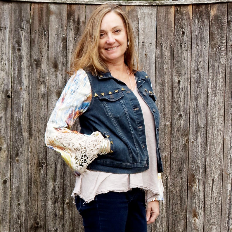 Colorful Abstract Splash + Lace Bell Sleeves Bohemian Denim Jacket picture