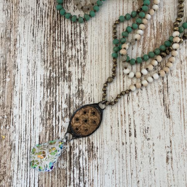 Boho Necklace ~ Vintage Brass and Etched Crystal picture