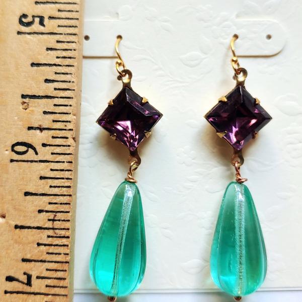 Vintage purple rhinestone and teal glass earrings picture