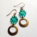 Teal glass flowers and brass earrings