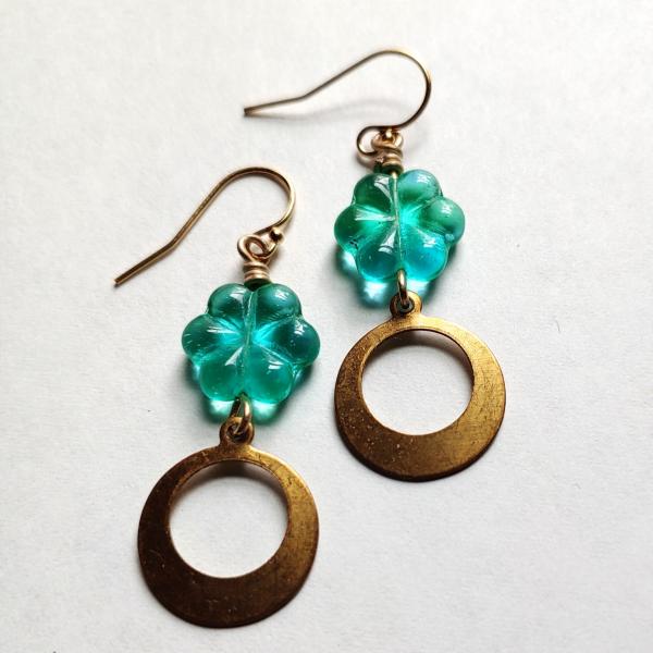 Teal glass flowers and brass earrings