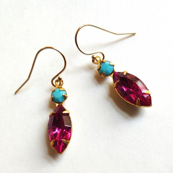 Vintage turquoise and raspberry pink glass earrings picture