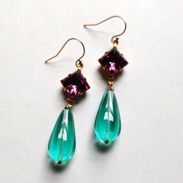 Vintage purple rhinestone and teal glass earrings
