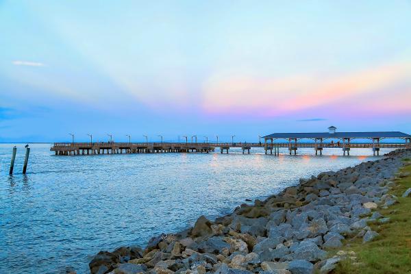 20" x 45" Sunrise Reflection Over SSI Pier Canvas Gallery Wrap picture