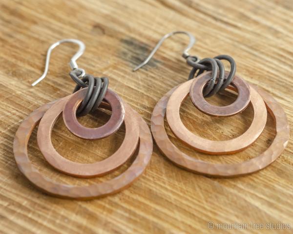 Three layer, textured copper and steel earrings picture