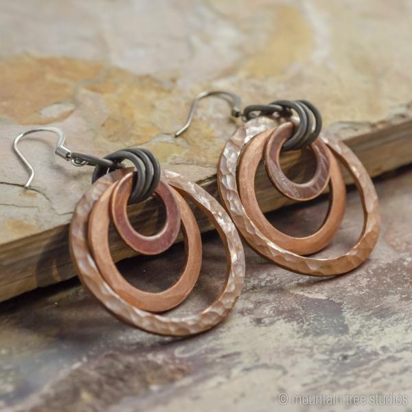 Three layer, textured copper and steel earrings picture