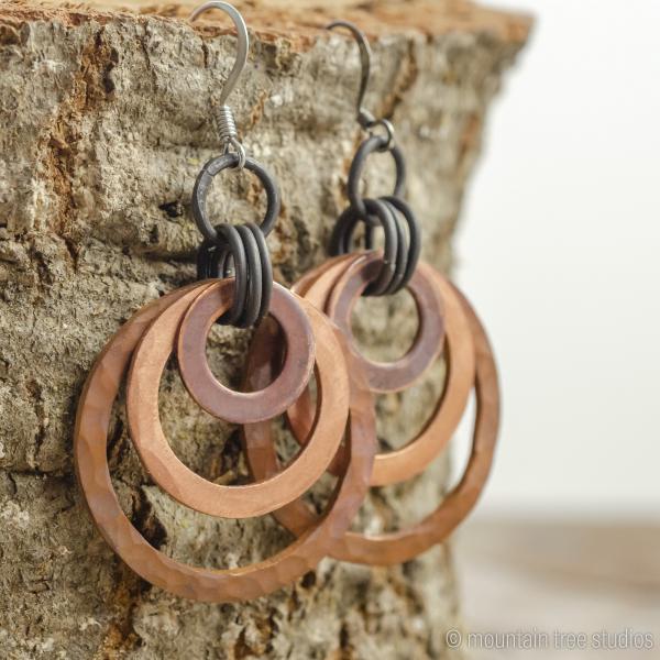 Three layer, textured copper and steel earrings picture