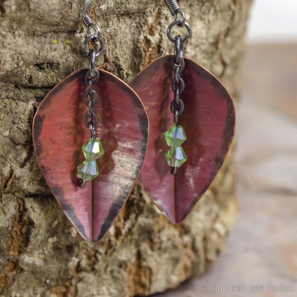 Red leaf earrings with green crystal drops picture