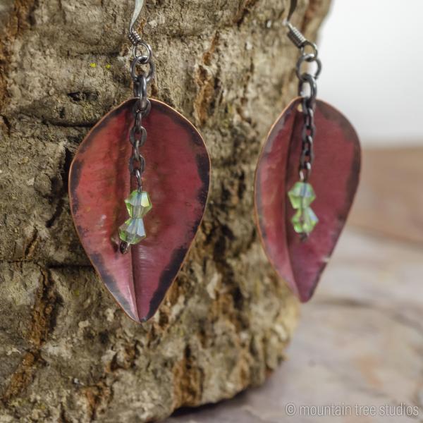 Red leaf earrings with green crystal drops