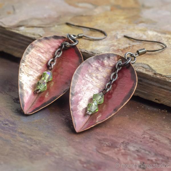 Red leaf earrings with green crystal drops picture