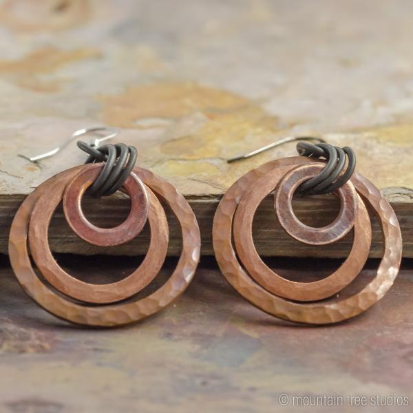 Three layer, textured copper and steel earrings picture