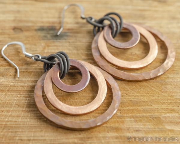 Three layer, textured copper and steel earrings picture