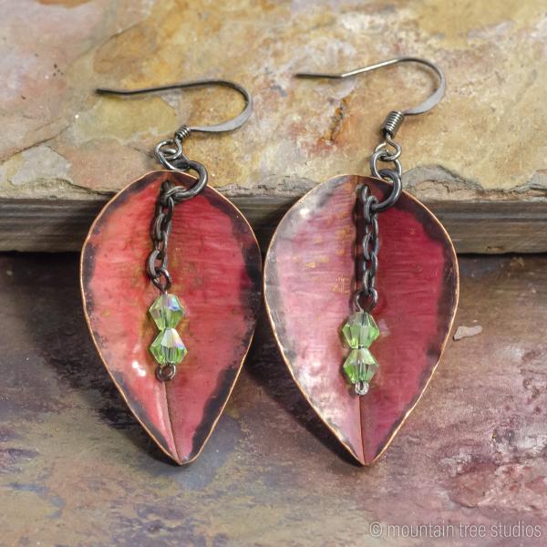 Red leaf earrings with green crystal drops picture