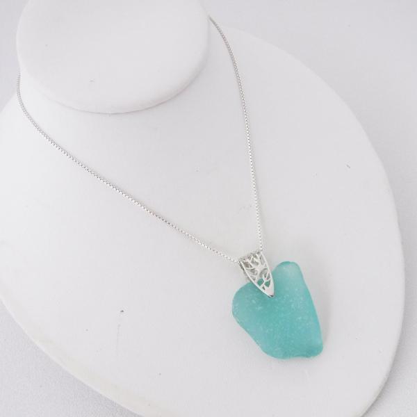 Turquoise Sea Glass Necklace With Filigree Branch-Patterned Bai picture