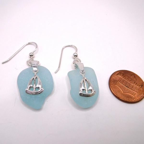 Sky Blue Sea Glass Earrings with Sailboat Charm picture