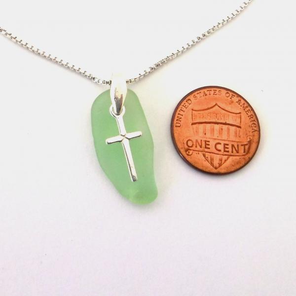 Lime Green Sea Glass Necklace With Cross Charm picture