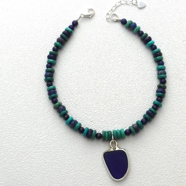 Lapis and Turquoise Beaded Sea Glass Anklet picture